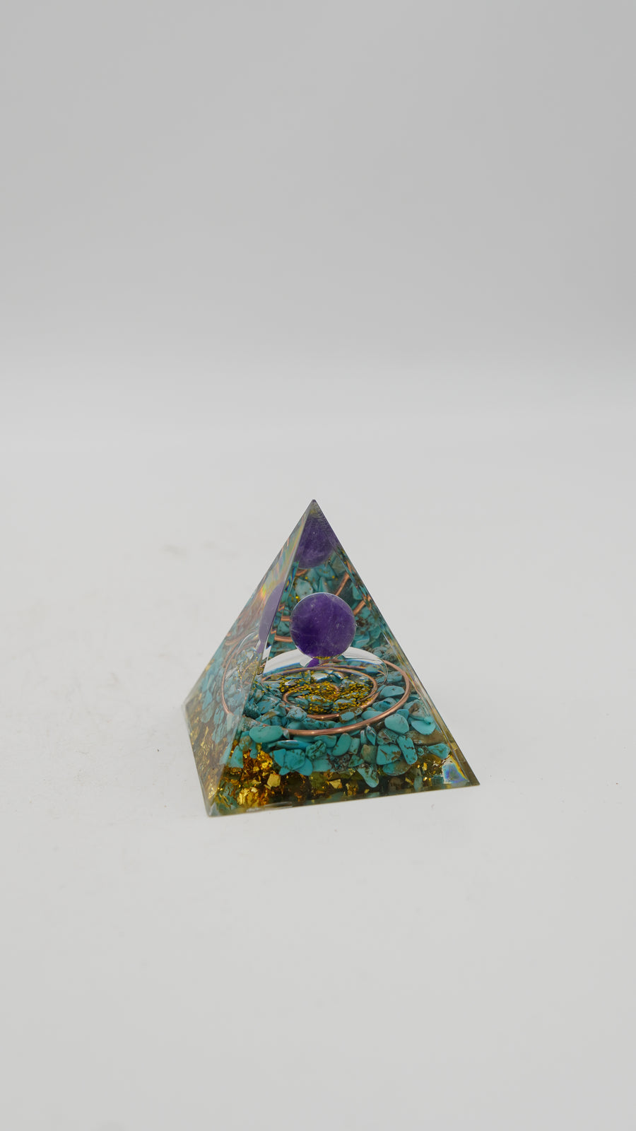 Turkuaz & Ametist Taşlı Sarı Altın Tozlu Bakır Spiralli Orgonit – 6 cm