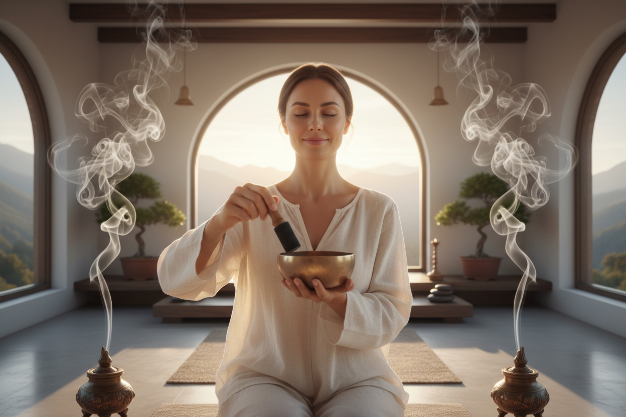 elinde tibet çanı olan bir kadın onu çalmaya hazırlanıyor. arka planda sağda solda tütüsülüklerden dumanlar çıksın vs vs